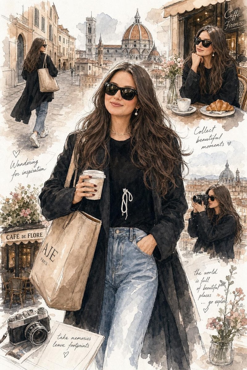 Elegant watercolor fashion illustration of a stylish young woman expl…