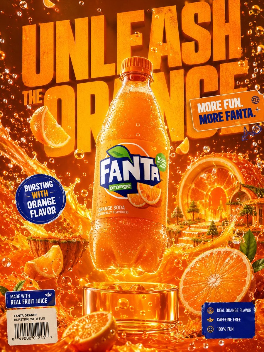Premium commercial 3D advertising poster, vertical 4:5 format. Hero product perfectly centered: Fanta Orange…