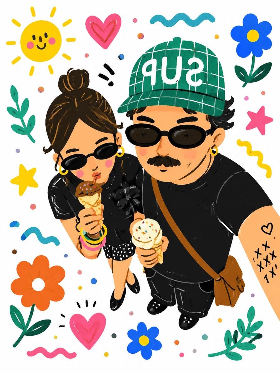 Turn this real-life selfie into a playful hand-drawn cartoon illustra…