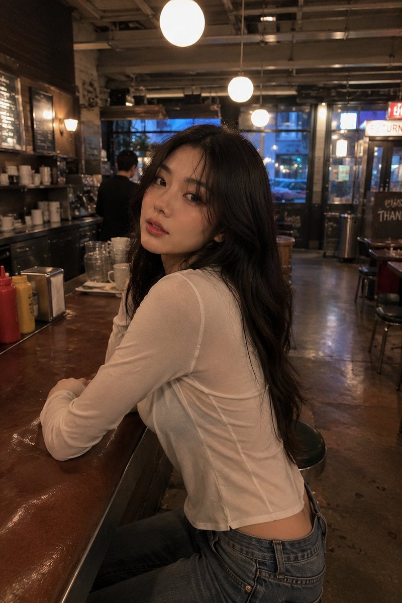 Ultra-realistic candid lifestyle photograph of a stunning young woman inside a stylish independent bookstore,…