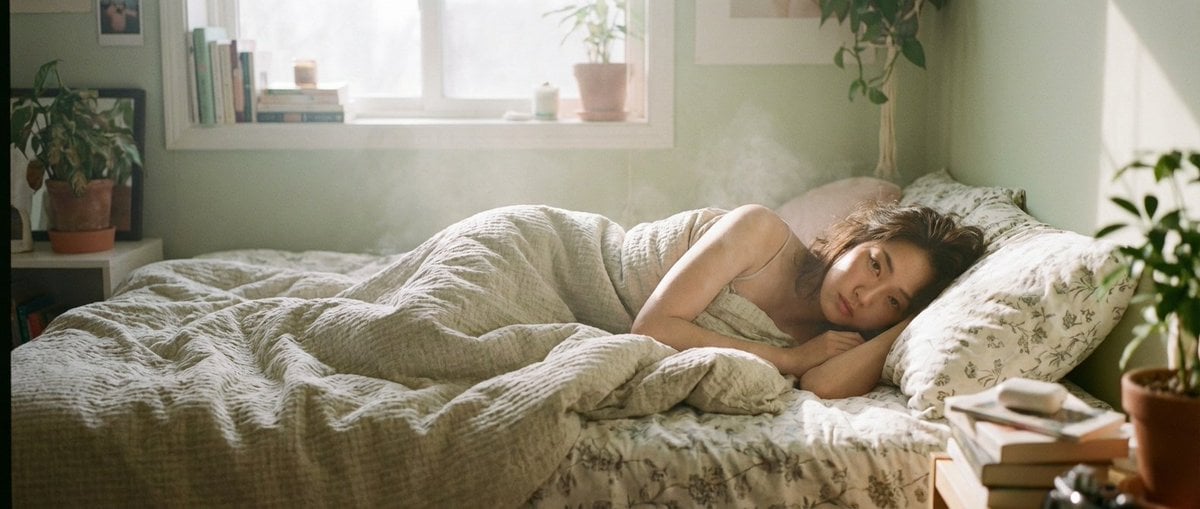 a beautiful realistic Asian woman action lying under a blanket dreamy…