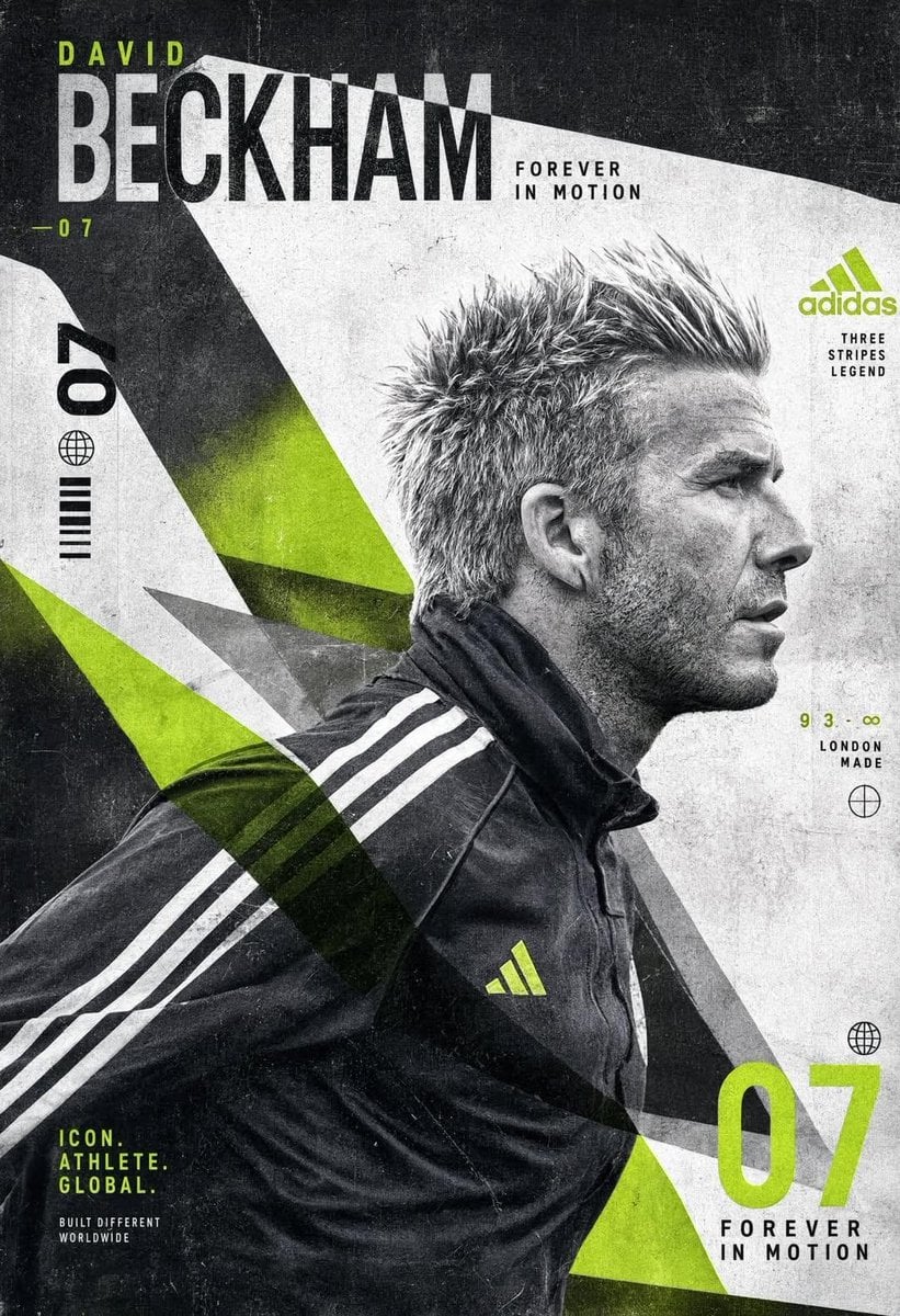 Create an experimental David Beckham poster built around a striking s…