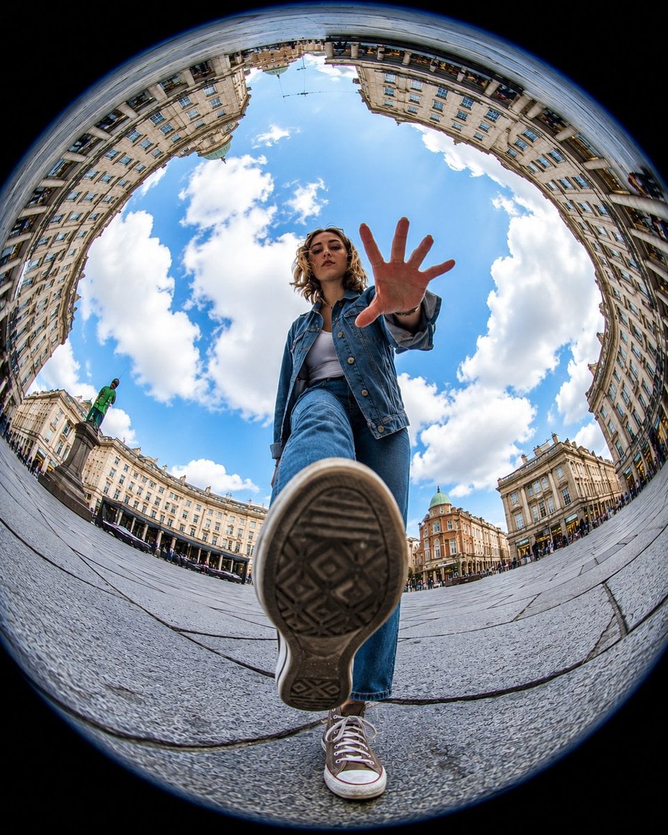 Ultra-realistic action photography, extreme fisheye lens, 8mm, worm’s…