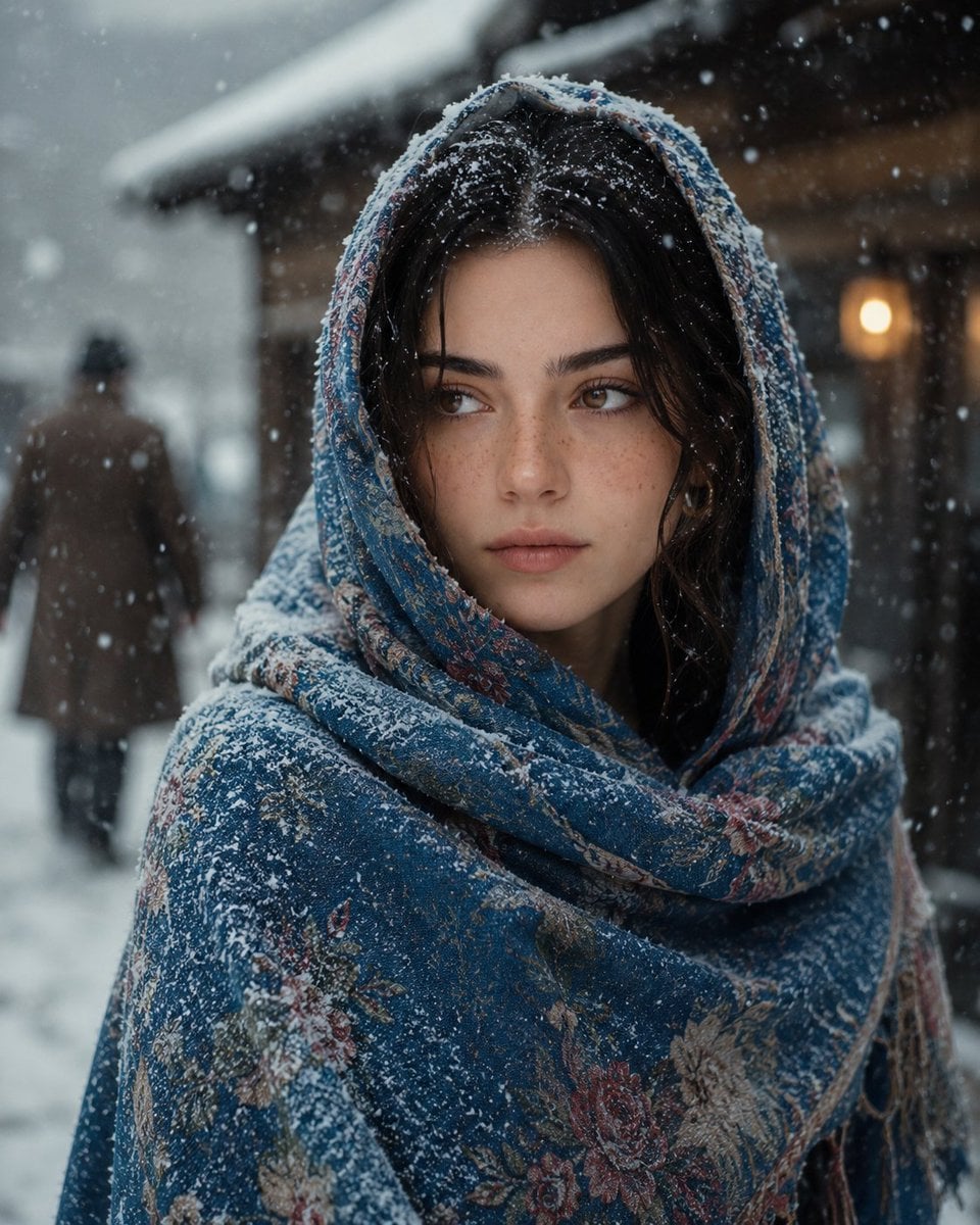A cinematic portrait of a young woman standing in a snowy village, so…