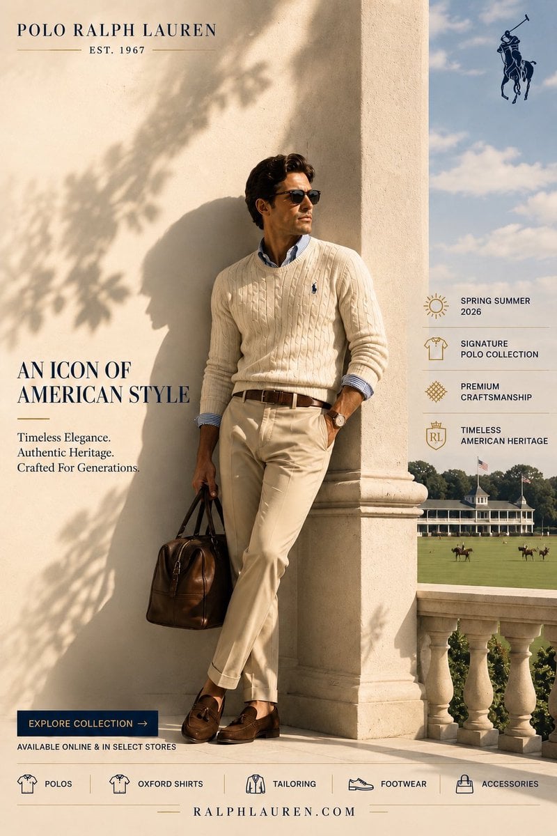 CREATE A LUXURY FASHION BRAND SOCIAL MEDIA CAMPAIGN POSTER FOR POLO RALPH LAUREN, DESIGNED AS A WORLD-CLASS L…