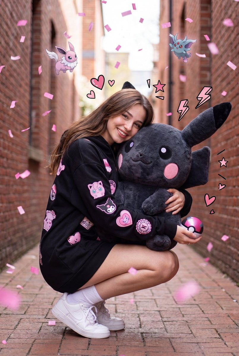 A hyper-realistic full-body portrait of a cute young woman crouching…