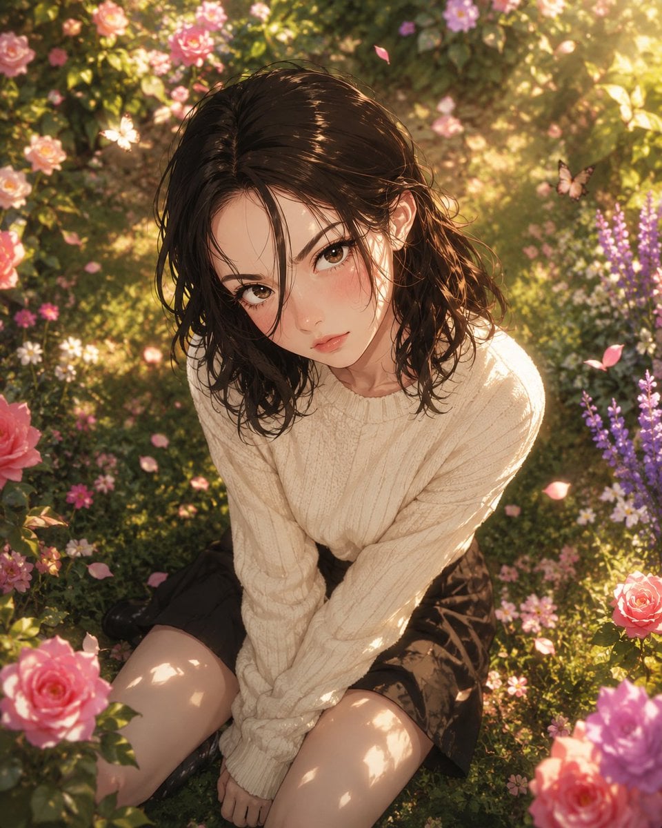 A breathtakingly beautiful young anime woman sitting gracefully in a…