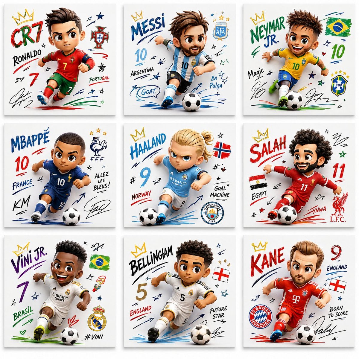 Create a collection of 9 square poster illustrations featuring famous football players in a cute chibi/cartoo…