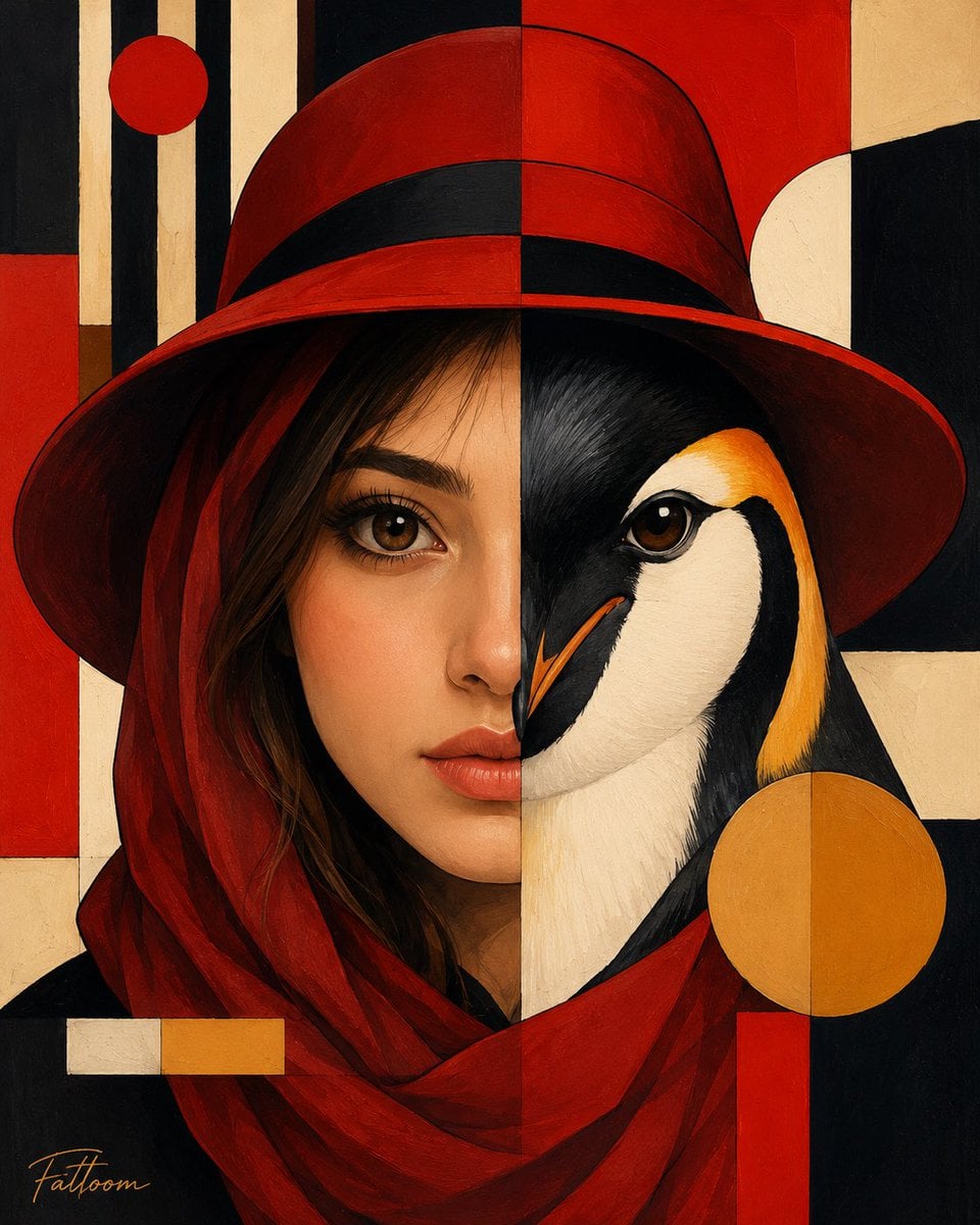 Create a premium fine-art surreal portrait inspired by geometric modernism and luxury editorial illustration.…