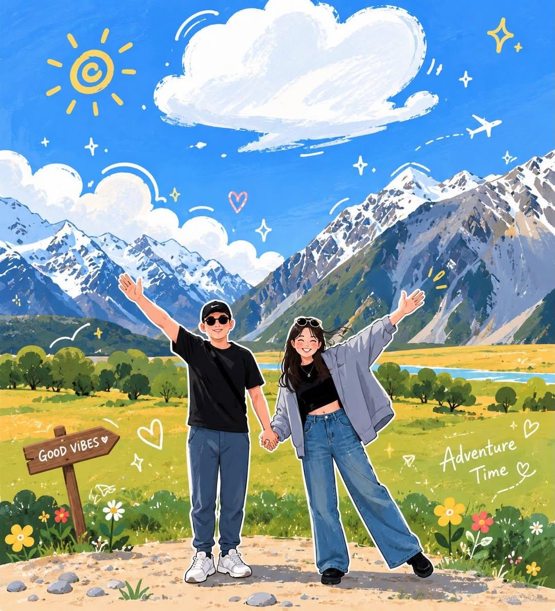 Transform the uploaded travel photo into a charming hand-drawn anime…