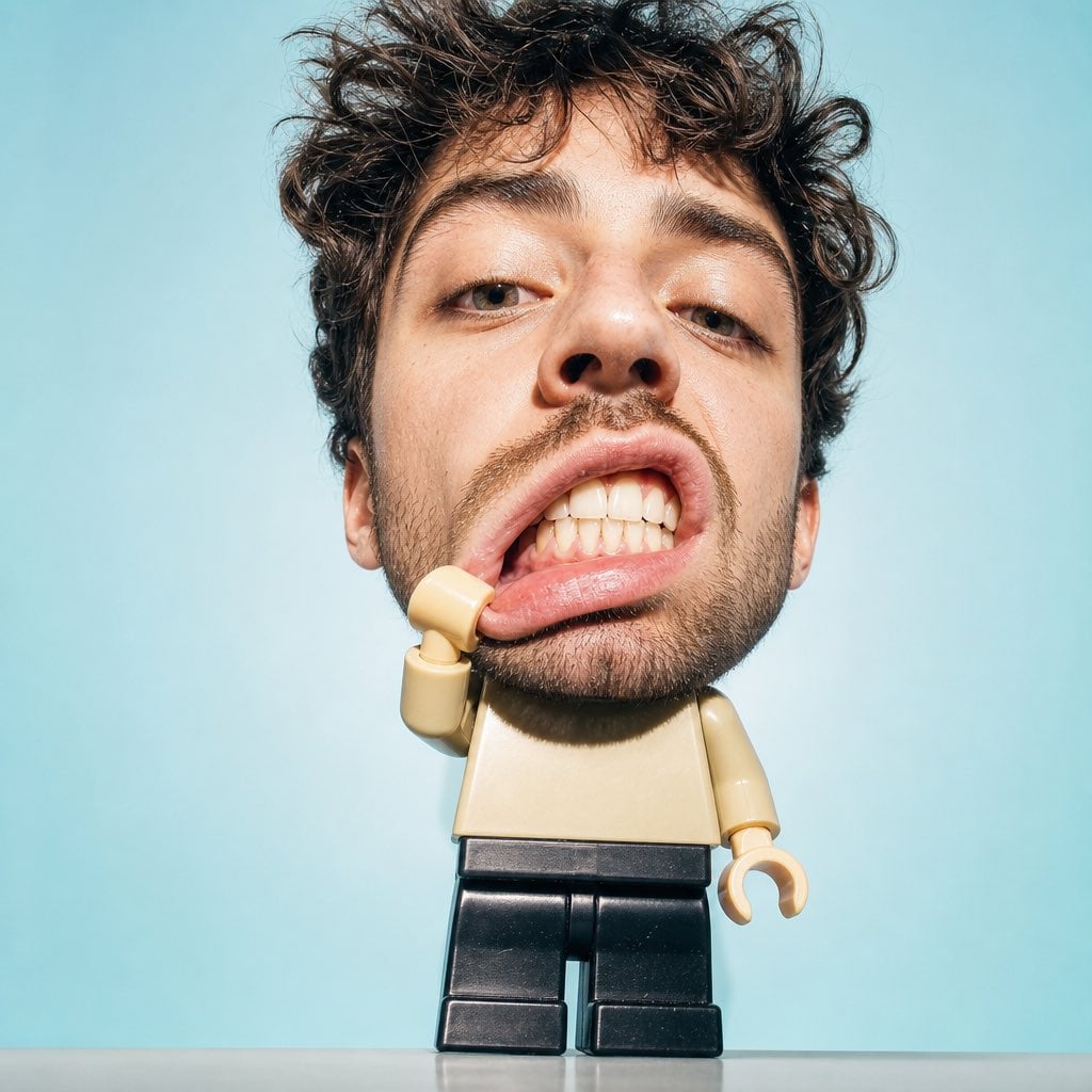 Create a surreal studio portrait of a man from an attached photo with…