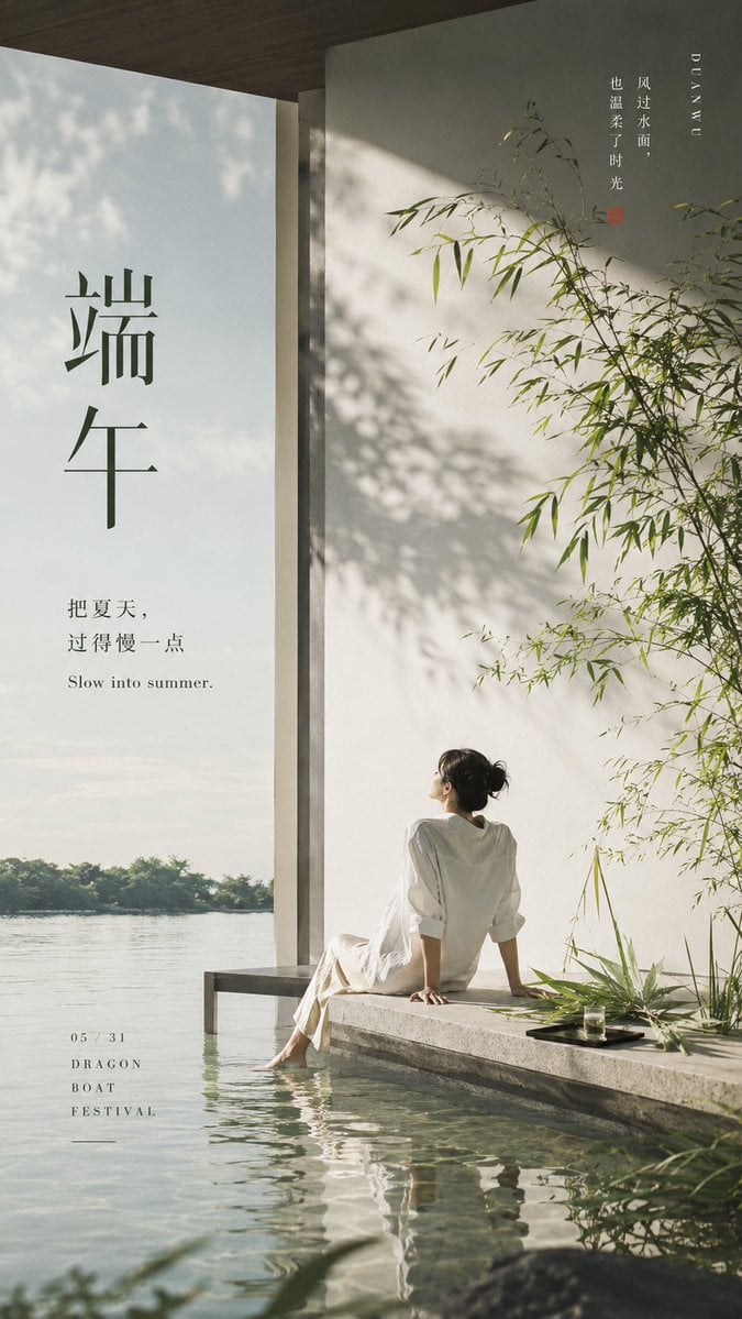 生成一张 9:16 竖版高级海报，主题为「端午」，但必须彻底跳出传统节日海报框架。不要做粽子、卡通龙舟、红金喜庆、祥云边框、安康祝福模板，…