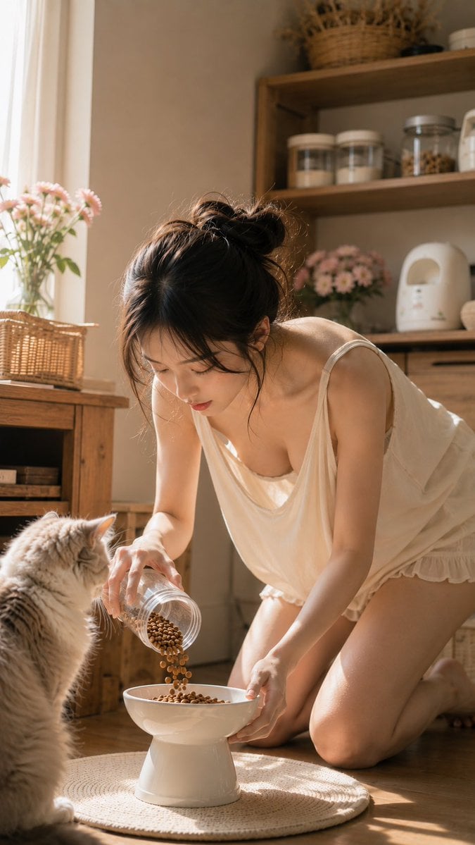 主題： 猫にごはんをあげる朝 人物・表情： 20代女性。黒茶の髪をラフなお団子にまとめ、透け感のある前髪と後れ毛が頬や首元に自然にかかって…
