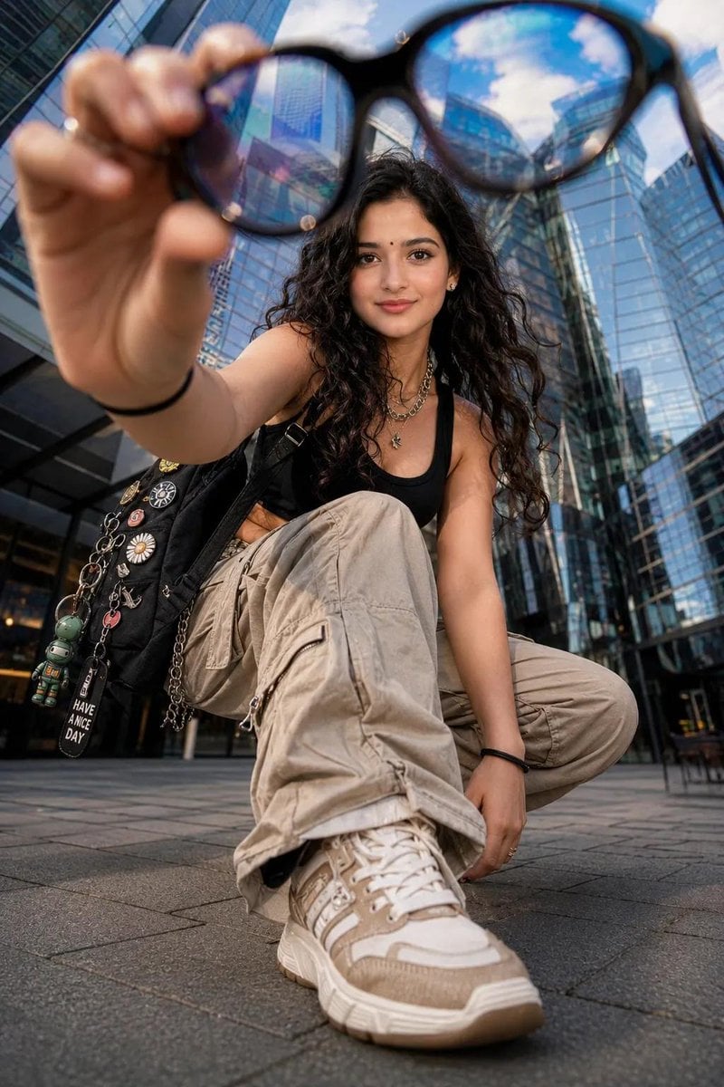 Ultra-realistic street-fashion editorial photograph captured from an extreme low-angle perspective in a futur…