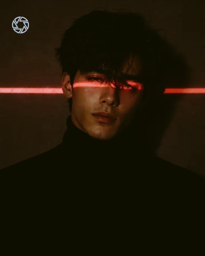 Ultra-realistic cinematic portrait of a young East Asian woman/man wearing a black fitted turtleneck sweater,…
