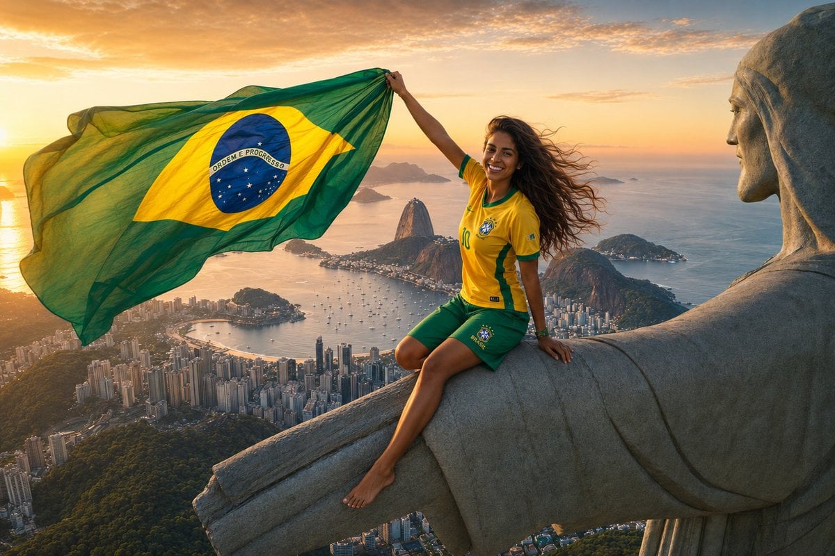 Young Brazilian football supporter with long wavy dark hair and a joy…