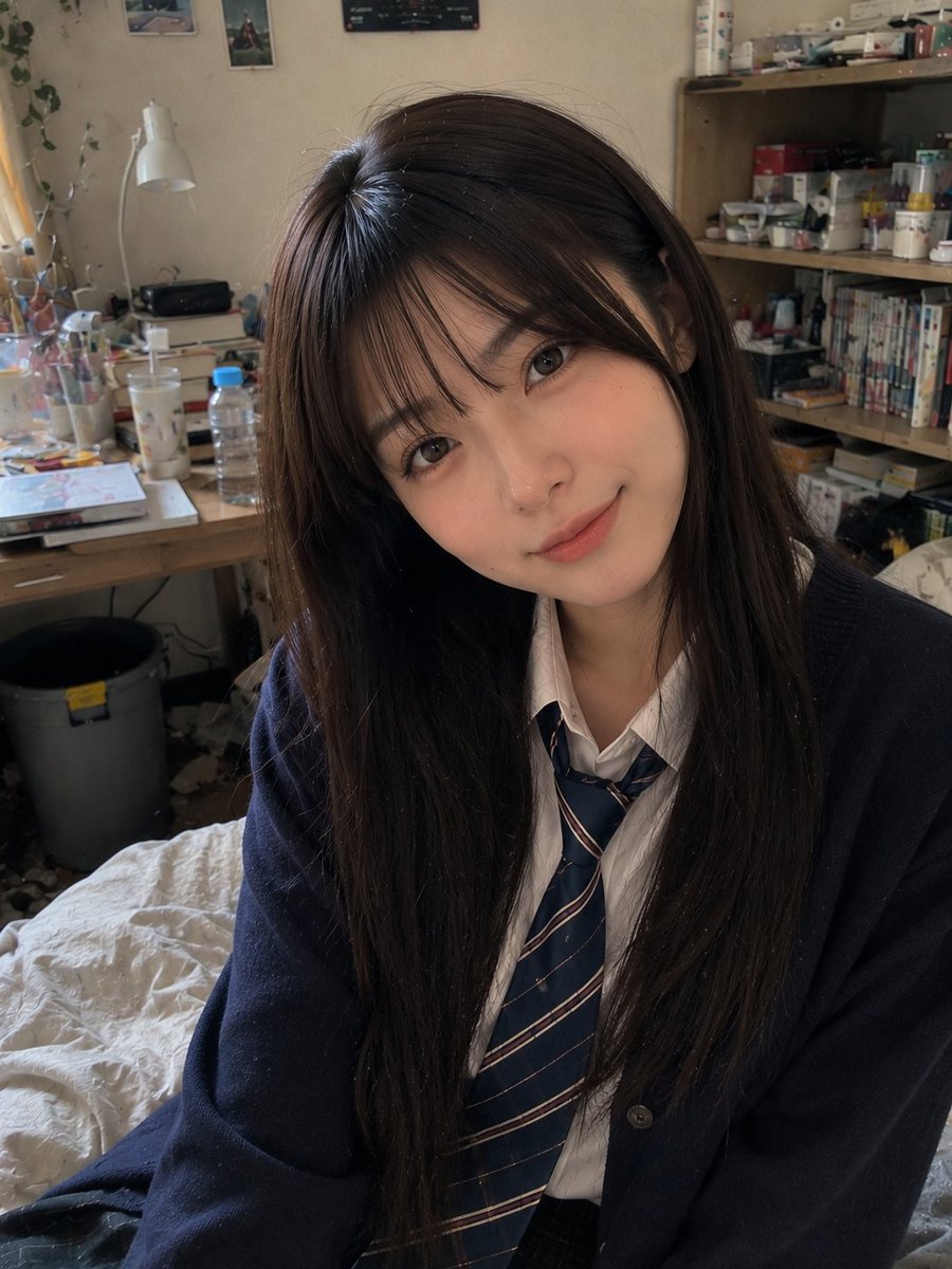 Beautiful young Japanese woman (22 years old) with long straight dark brown hair and soft wispy bangs, wearin…