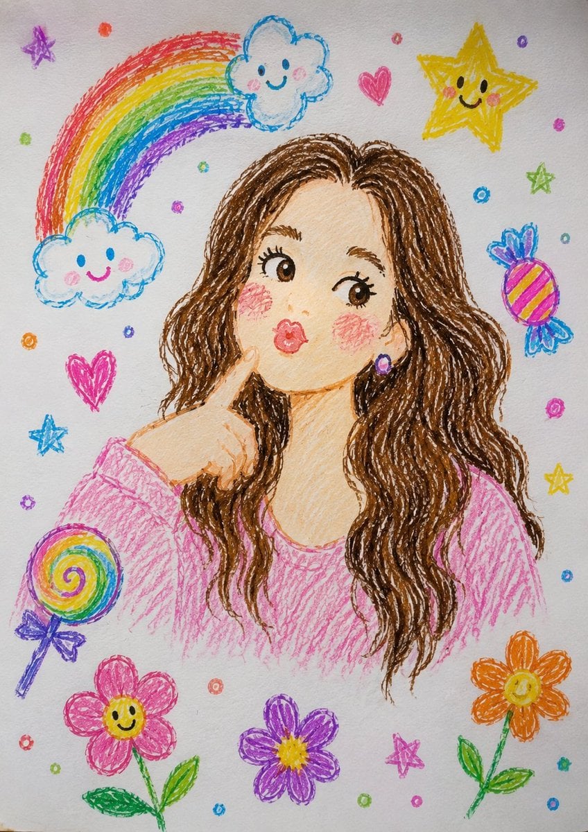 Transform this crayon-style illustration into a highly realistic professional photograph. Keep the same pose,…