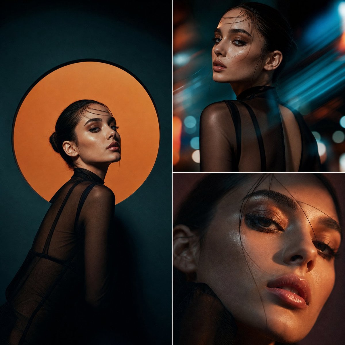 Cinematic hybrid fashion editorial combining studio and abstract stre…
