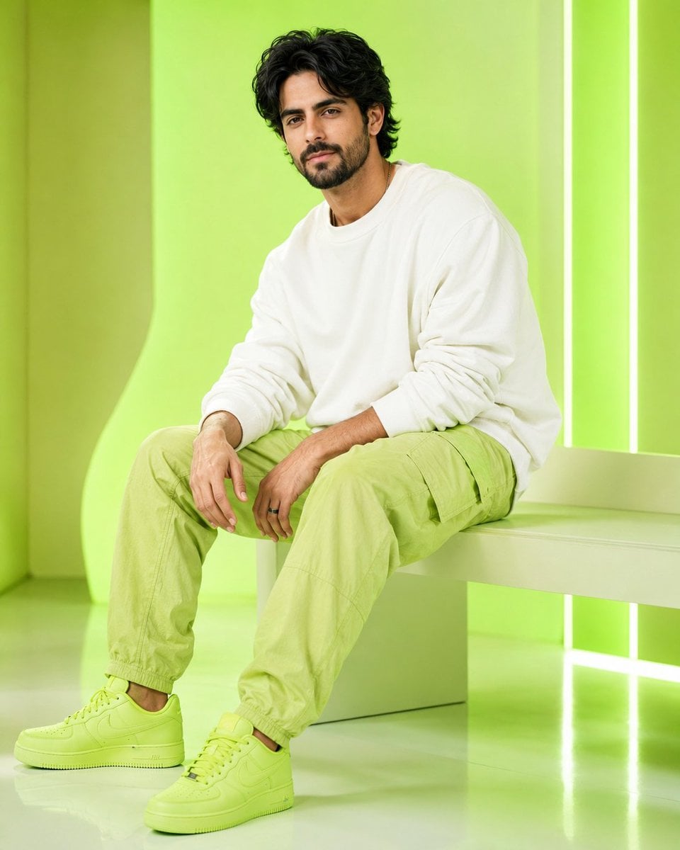 Ultra-realistic fair handsome young Indian man sitting on a modern mi…