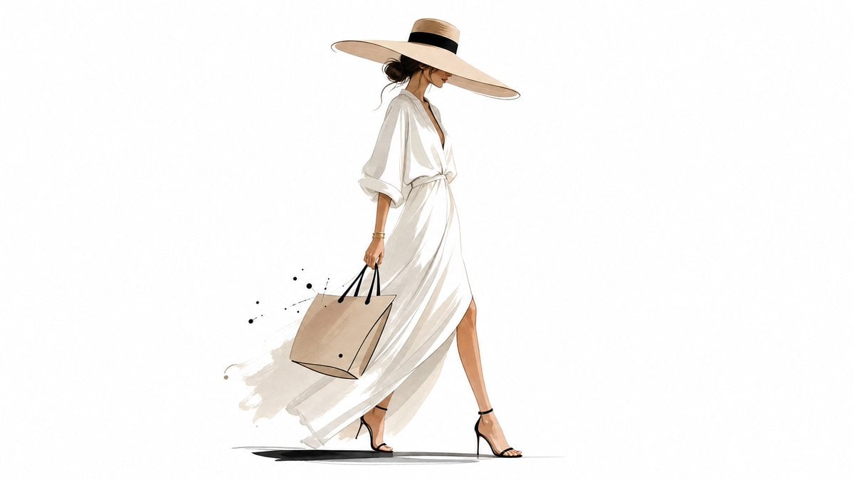 Minimal luxury-fashion illustration of [Subject], delicate strokes, editorial sophistication, elegant proport…