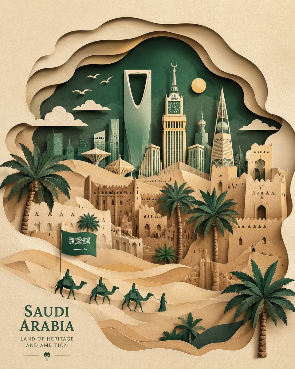Saudi Arabia paper-cut illustration, layered paper art style, desert…