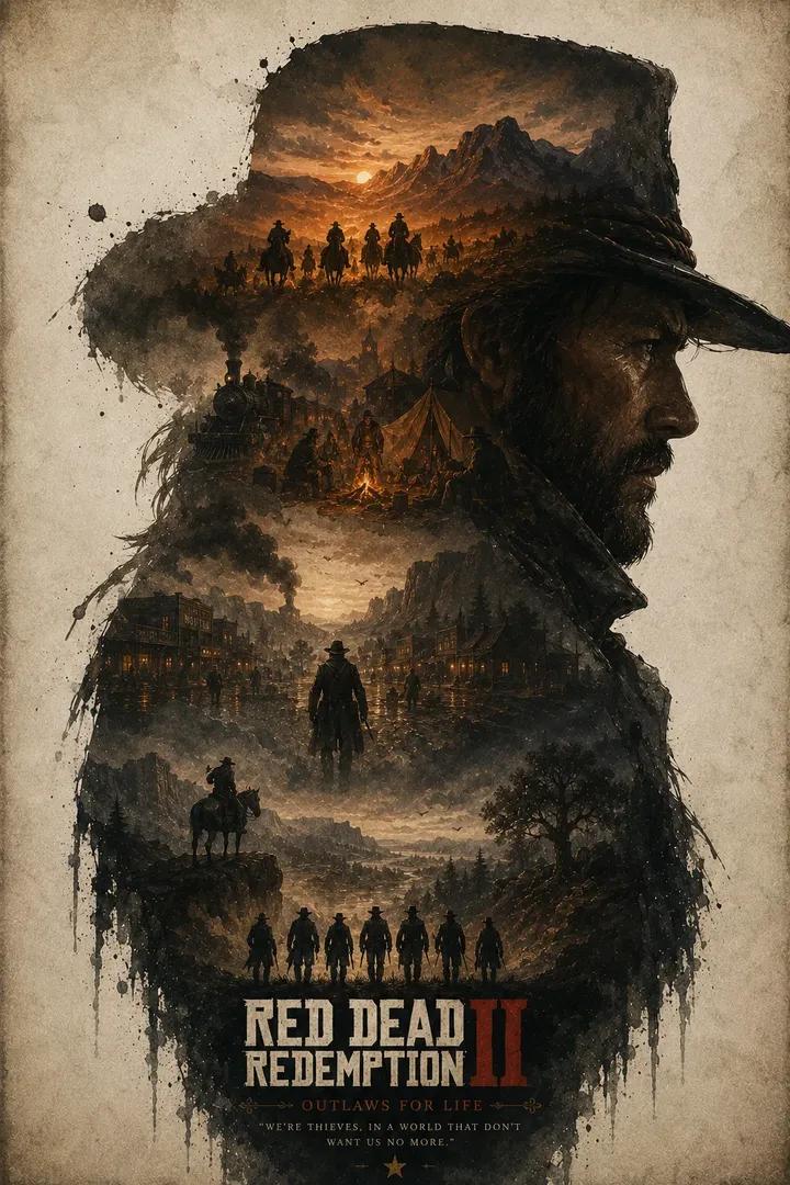 Masterpiece double exposure poster, rugged wild west cowboy in side p…