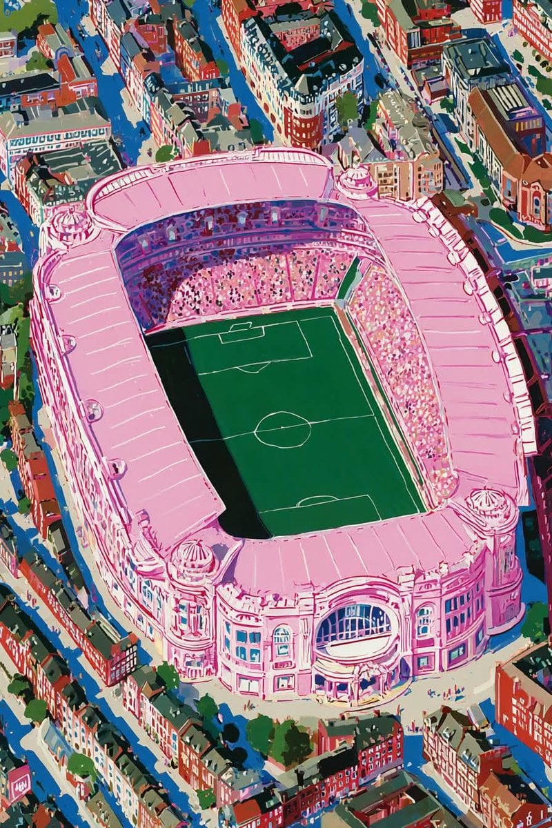 Dreamlike football-inspired surrealist illustration, massive pink foo…