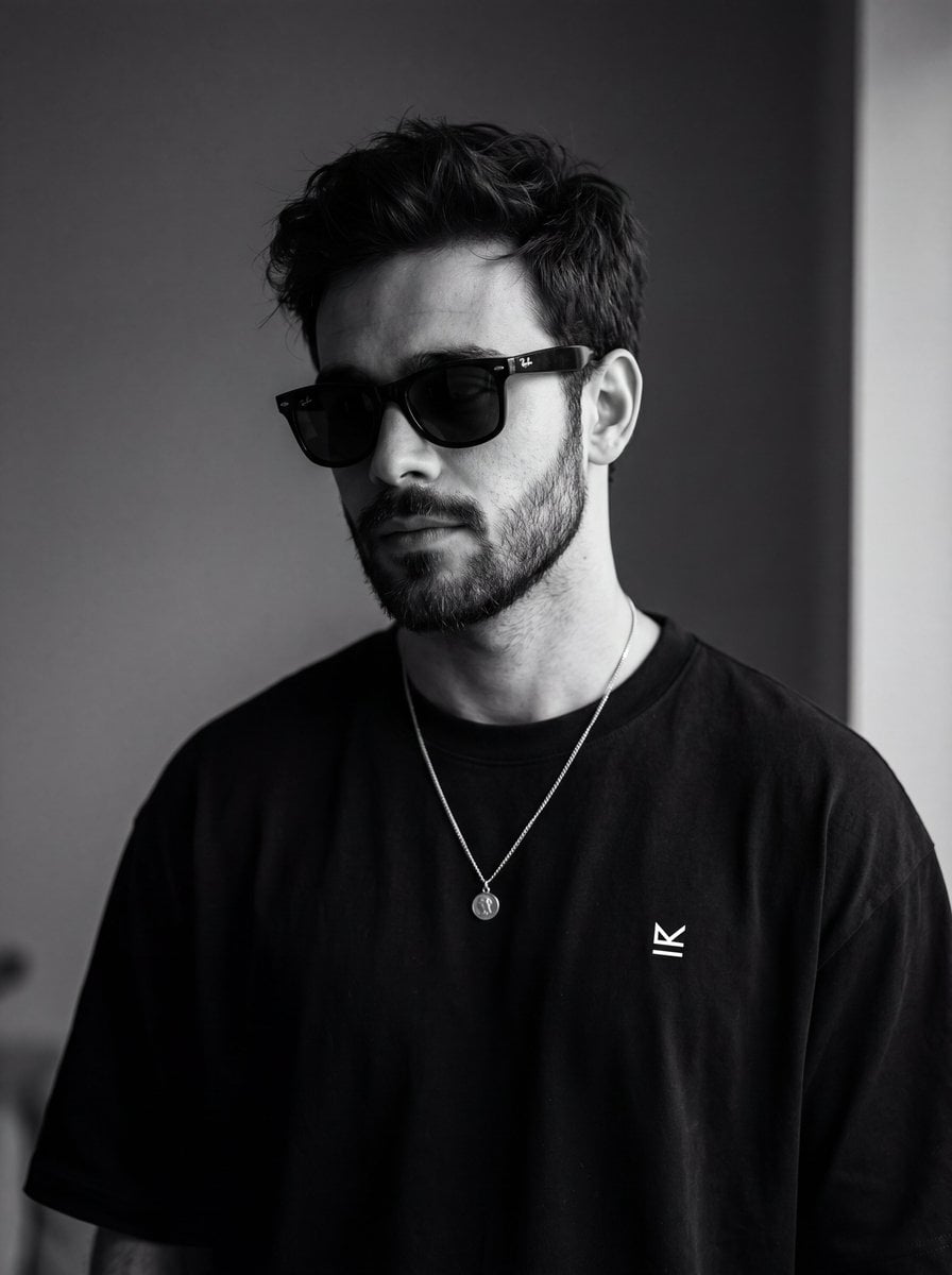 Ultra-realistic monochrome portrait of a young man wearing black wayf…