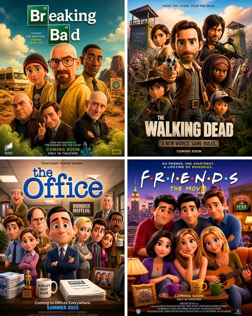"Pixar-style movie poster reimagining of the TV show [TV Show]. Featu…
