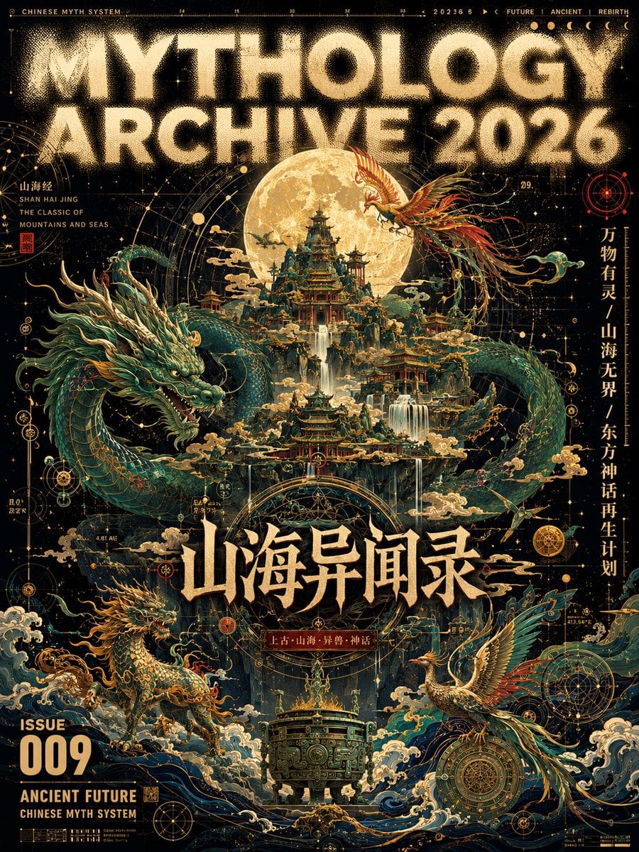 生成一张【极繁主义矢量艺术杂志封面海报】，画幅为【竖版3:4/ 9:16 / 横版16:9】。 主题为【填写主题，例如：中国神话未来志/山…