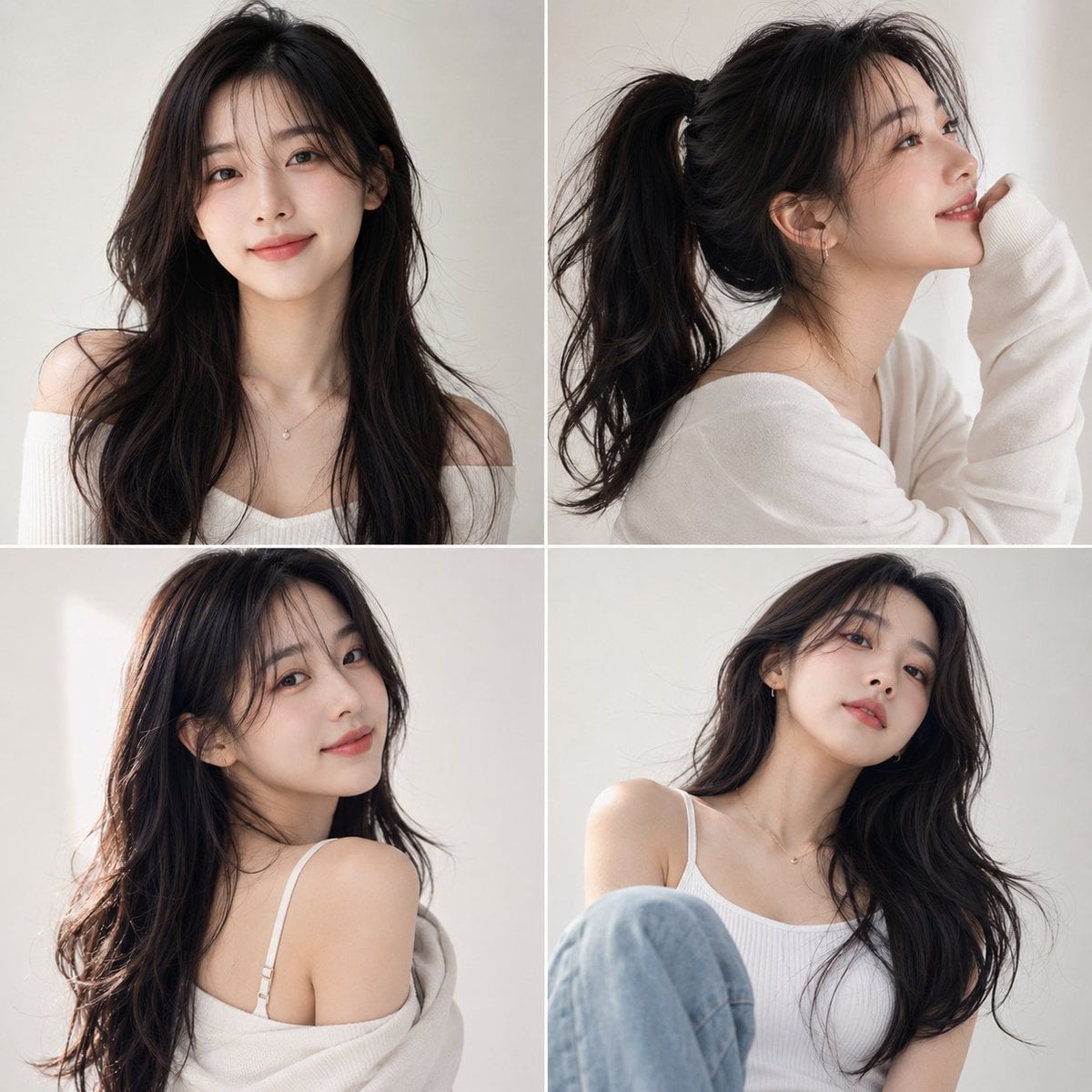 Photorealistic Korean beauty portrait of a cute young woman with long…