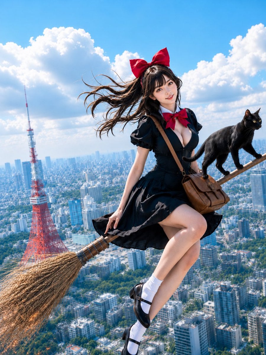 主題： 空の便 人物・表情： 20代女性。赤い大きなリボンを頭につけ、暗めのブラウンロングヘアが上空の風で画面左へ大きく流れている。清潔感…