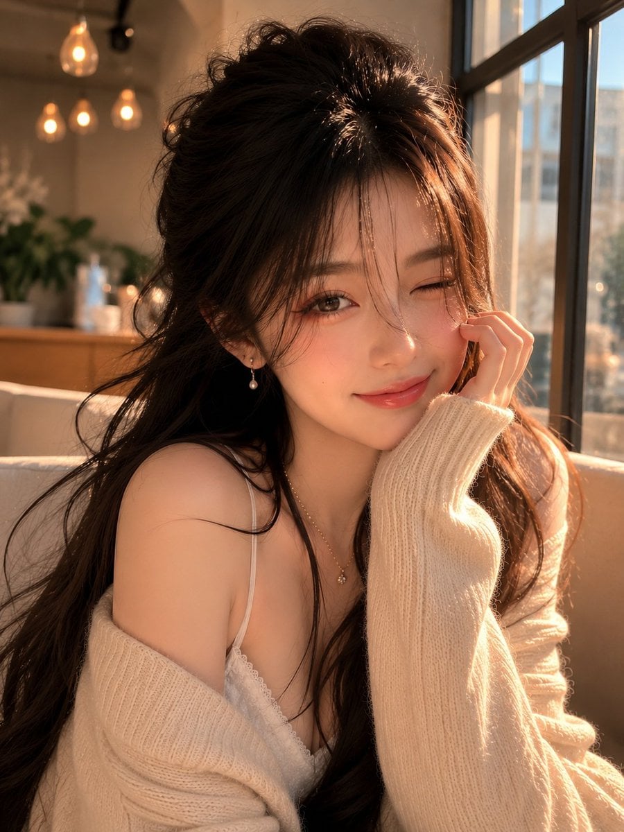 Ultra-detailed portrait of a beautiful young East Asian woman sitting…