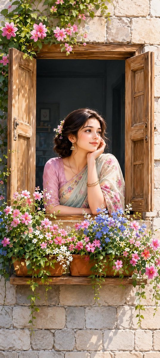 A beautiful young South Asian woman leaning on a rustic wooden window…