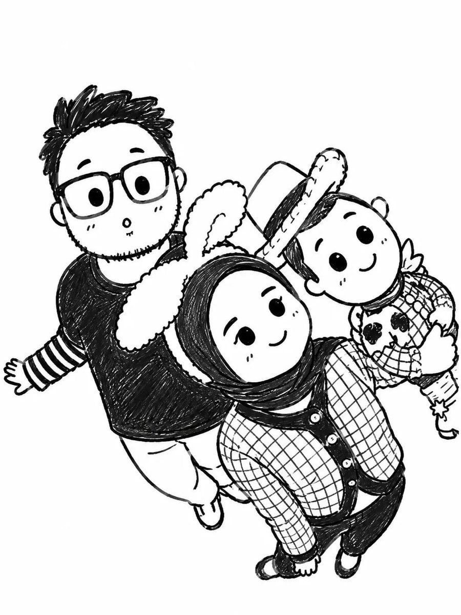 Turn the uploaded photo into a cute black-and-white hand-drawn doodle illustration. Preserve the exact people…