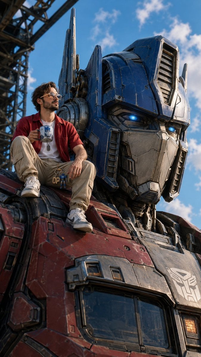 A realistic close-up of the giant Optimus Prime head, taken from a low right front angle, sharply highlights…