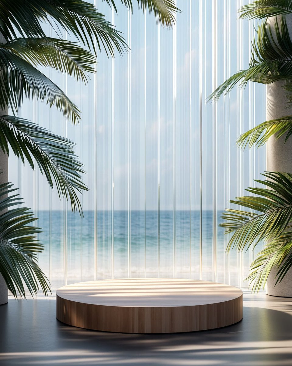 A mockup of a round wooden podium on the floor, against a backdrop of…