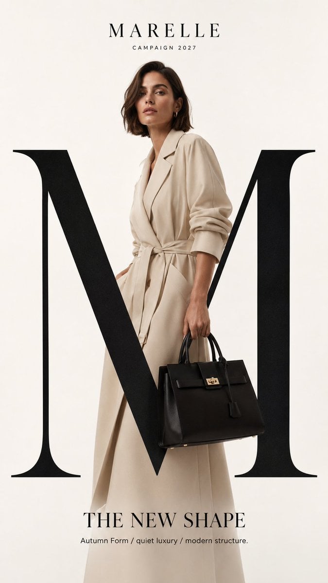 Create a high-end luxury fashion campaign mockup with strong typograp…