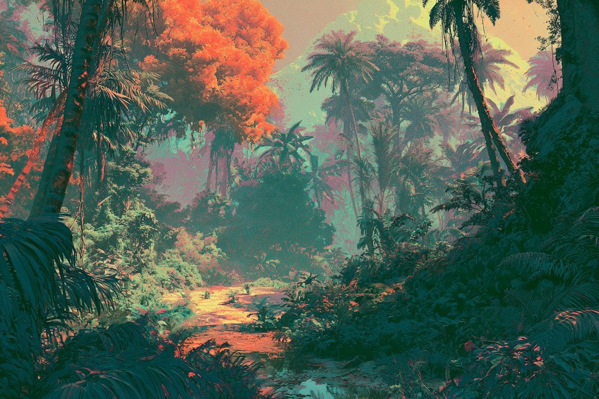 portrayed in a Retro Technicolor Odyssey with vibrant oversaturated r…