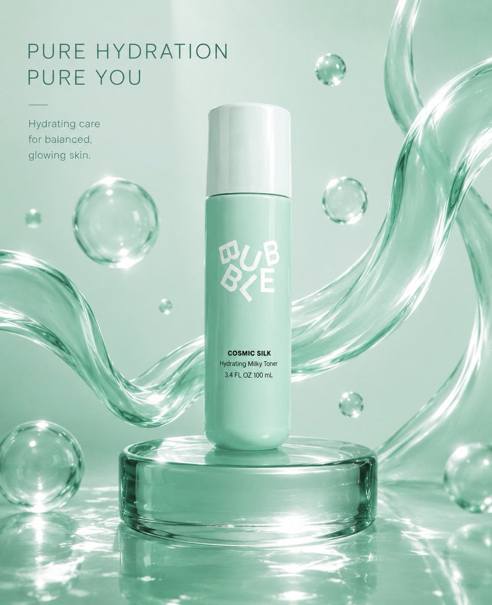 (Luxury skincare product advertisement), (cool mint-green pastel them…