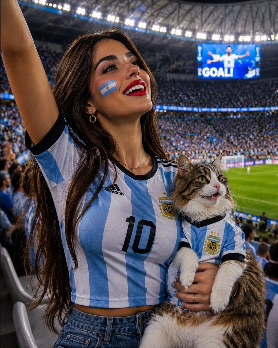 A beautiful, gorgeous young woman sitting in a packed FIFA World Cup stadium under bright floodlights, wearin…