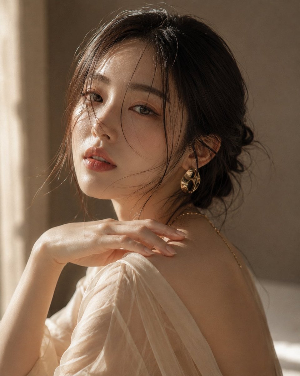 Ultra-realistic beauty portrait of a beautiful young Korean woman, soft luxury editorial fashion photography,…