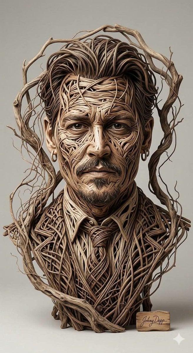 Organic sculptural portrait art made entirely from intertwined dried…