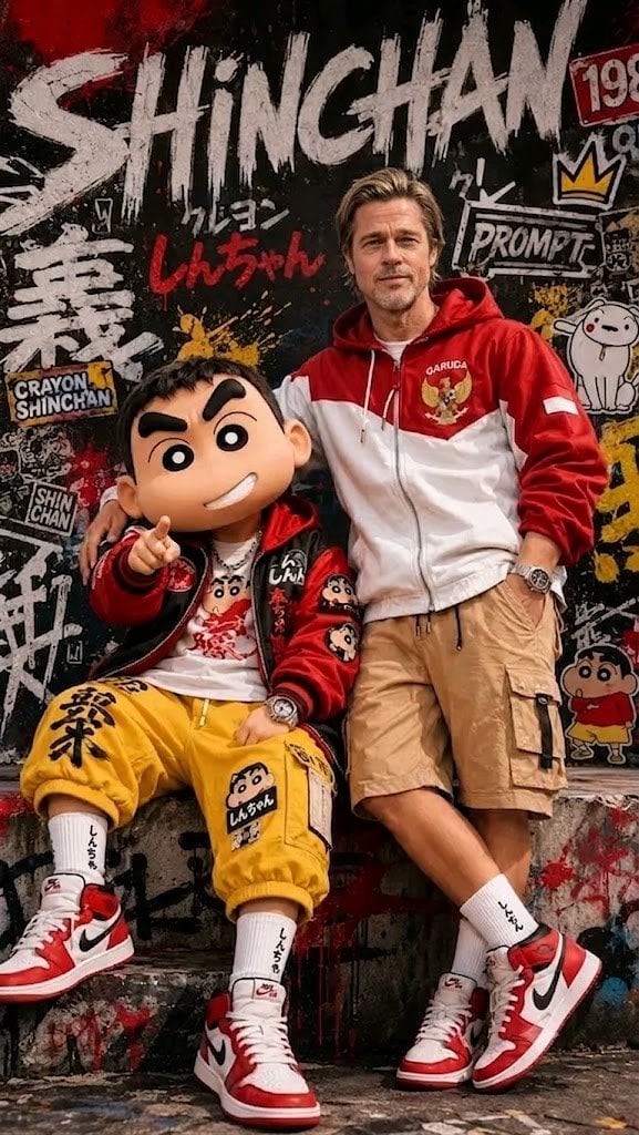 A stylized urban streetwear scene set in a gritty graffiti-covered al…