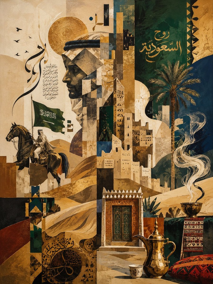 Saudi abstract illustration, contemporary Saudi art, abstract interpretation of Saudi culture and identity, f…