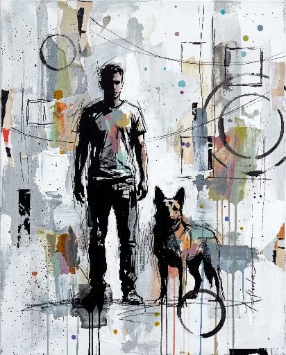 Contemporary mixed-media urban painting of [Human Name], wearing [Clo…