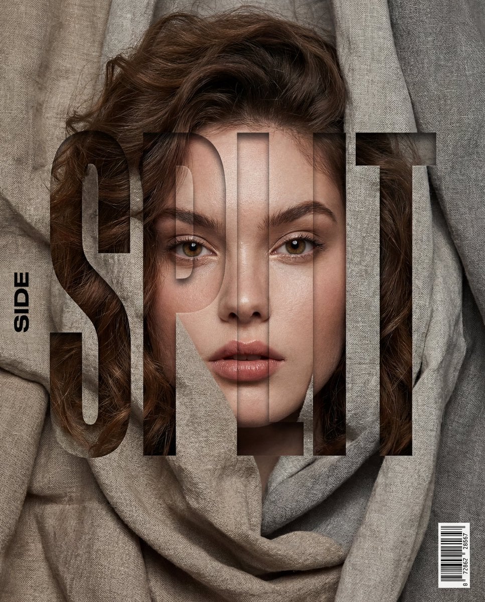 Vertical editorial poster portrait of [Character] with [Hair], face t…