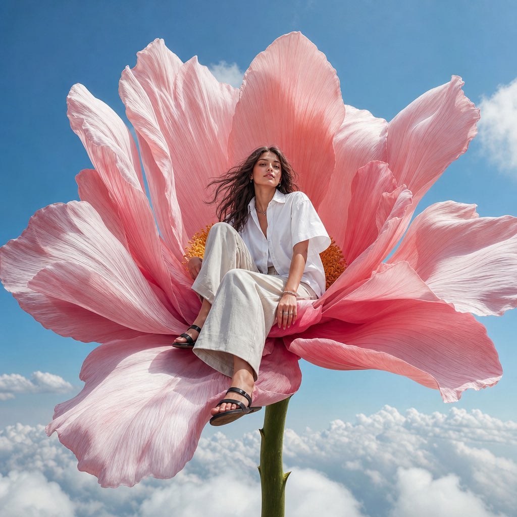 photorealistic high-fashion editorial image, vertical 4:5. A young adult fashion model sitting calmly on the…