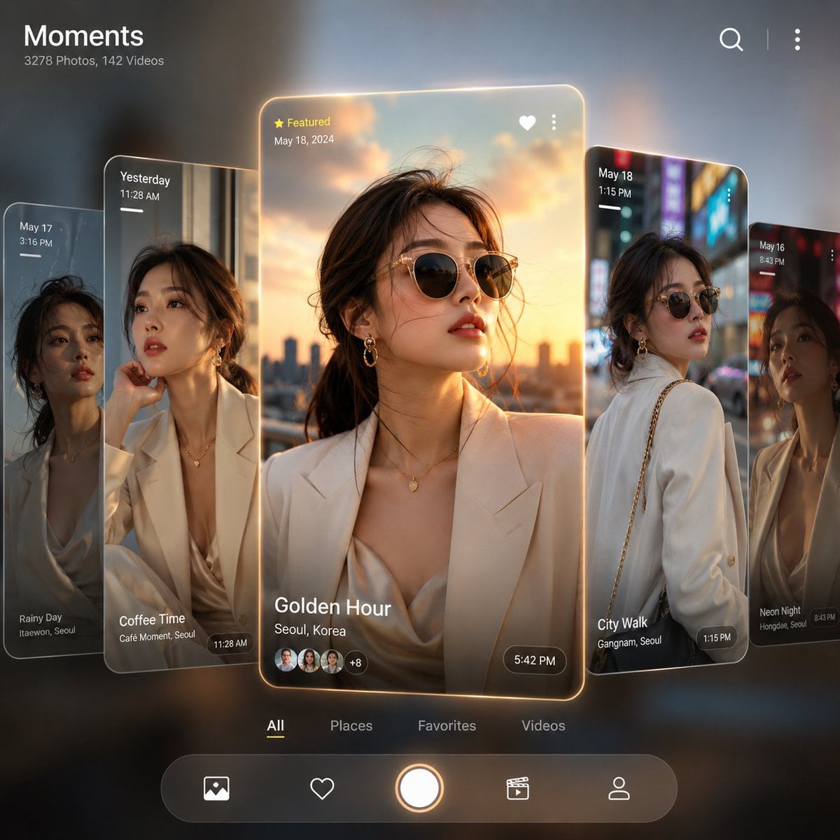 Aspect ratio 1:1, ultra-modern fashion editorial designed like a luxury smartphone gallery interface. Multipl…